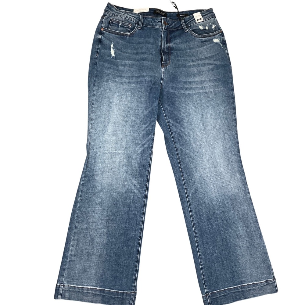 Judy Blue Jeans Womens 20W Blue Wide Leg Trouser Distressed High Waist